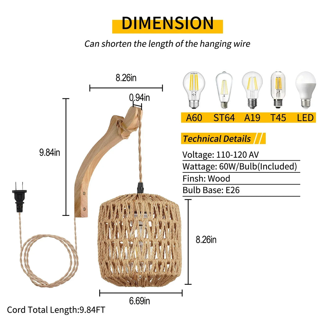 RattaNova™ LED Wandleuchte Rattan Hanfseil