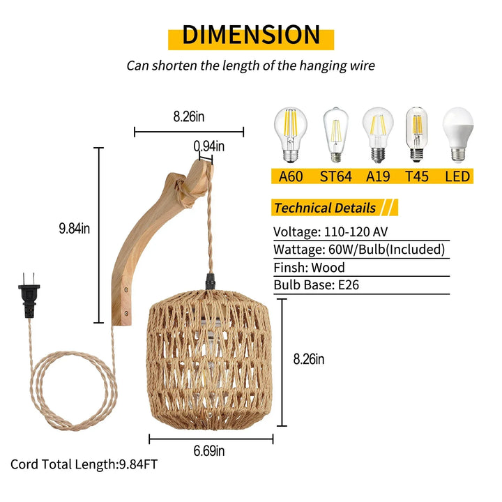 RattaNova™ LED Wandleuchte Rattan Hanfseil
